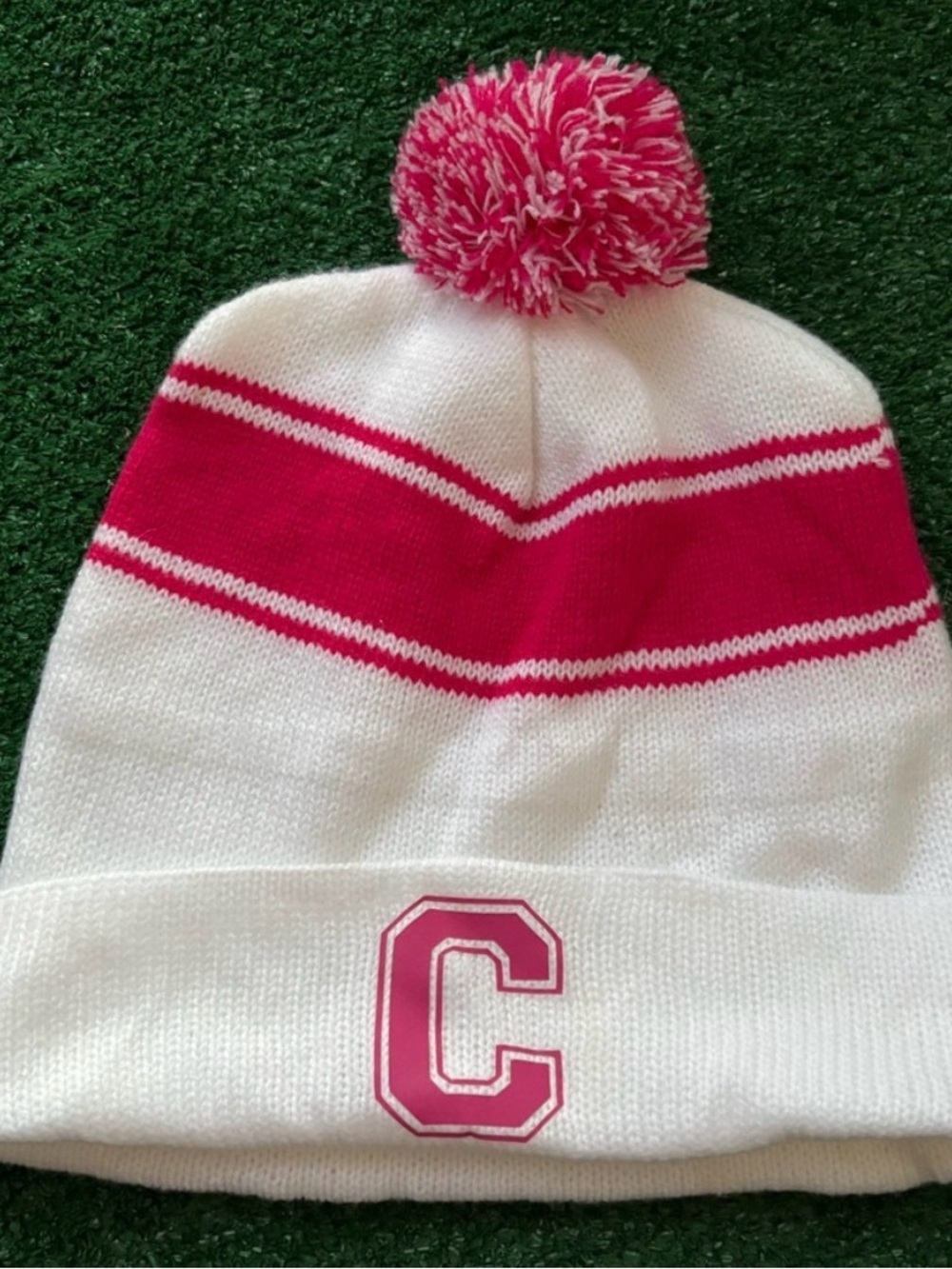 White & Pink Pom Beanie with 'C' Patch